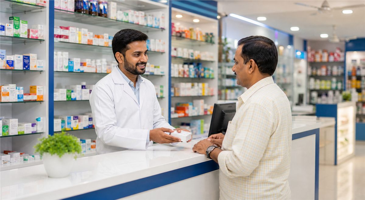Pharmacy staff helping a customer at Apsara Medical